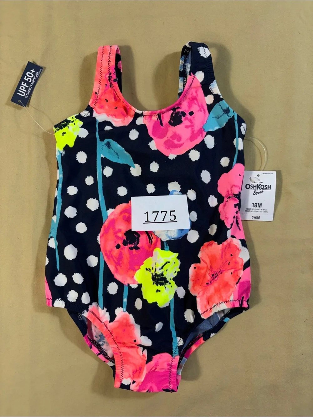 OshKosh‎ B'gosh NWT Navy Blue Polka Dot Neon Floral One Piece Swimsuit Girls 18M